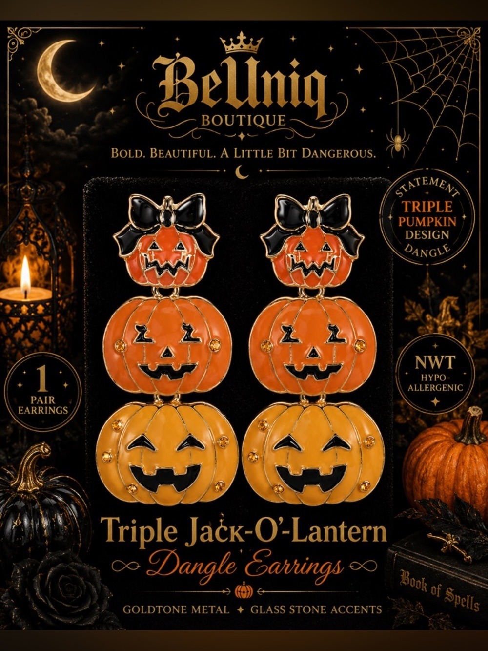 🎃 NWT Triple Jack-O’-Lantern Pumpkin Dangle Earrings | Halloween